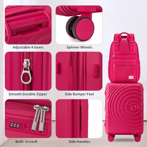 LARVENDER Expandable Carry On 3 Piece Luggage Set with Backpack 20 Inch - color: Rose Red, style: 3 Piece Sets