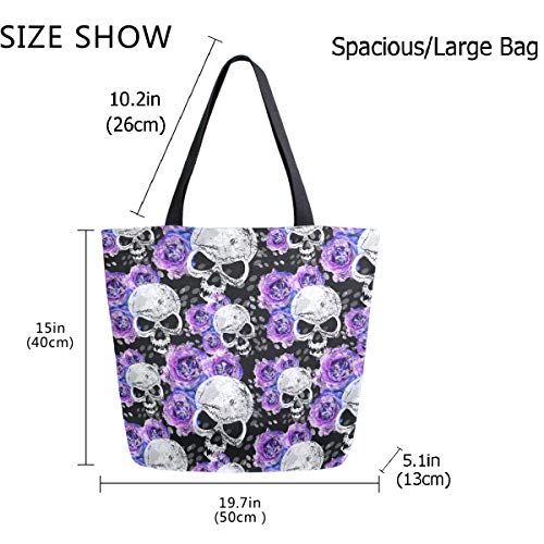 Woman's Violet Flowers and Skulls Pattern Large Canvas Long Handle Tote Bag | Fashion & Casual,with Zipper Pocket,for Gym Reusable Grocery Bags Shopping Daily Weekender,Beach Travel Gifts for Men Women - style: Flowers&skulls