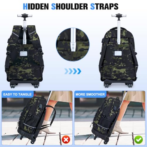 ACESAK 3PCS Camo Rolling Backpack for Boys with Lunch Box Pencil Case - color: Camo Black