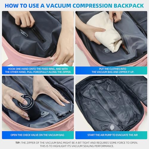 Vacuum Travel Backpack with Pump, Expandable, 17-Inch Laptop, Pink - color: Pink