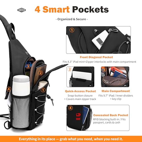 OSOCE Anti-Theft Sling Bag, Crossbody Bag for Men, Water-Resistant, 2.0L - color: Black 2.0, size: Large