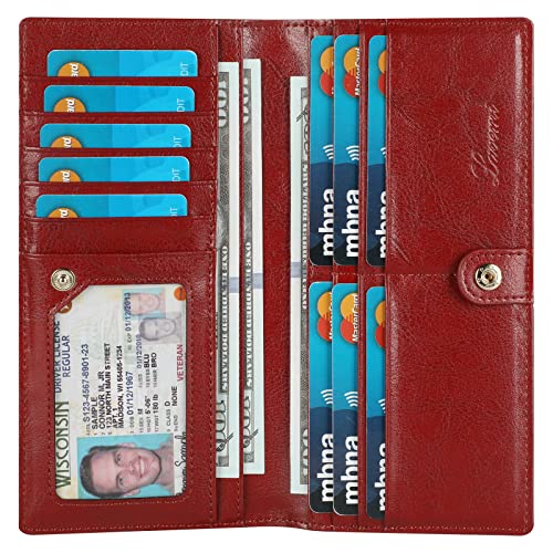 Lavemi Ultra Slim Thin Leather Women Wallet RFID Blocking Credit Card Holder Bifold Long Ladies Billfold - color: 1-waxed Dark Red