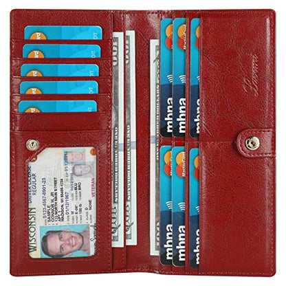 Lavemi Ultra Slim Thin Leather Women Wallet RFID Blocking Credit Card Holder Bifold Long Ladies Billfold - color: 1-waxed Dark Red