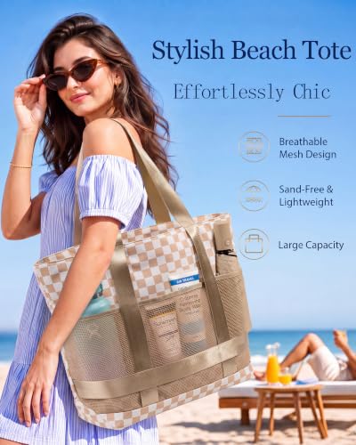 Large Beach Tote Pool Swim Bag for Women Sandproof with Wet Compartment - color: Khaki Plaid, size: 32L