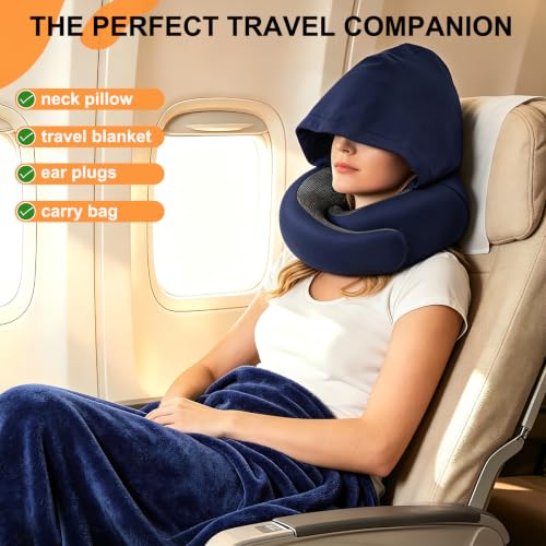 Travel Pillow and Blanket Set for Airplane, Hooded Memory Foam Neck Pillow - color: Navy
