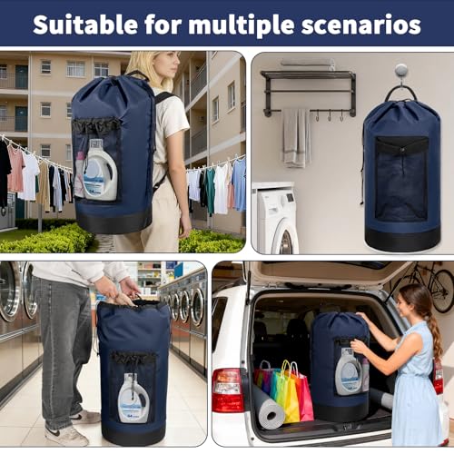 150L Laundry Bag Backpack with 3 Sizes Mesh Wash Bags and Shoulder Straps - color: Navy, size: 150L