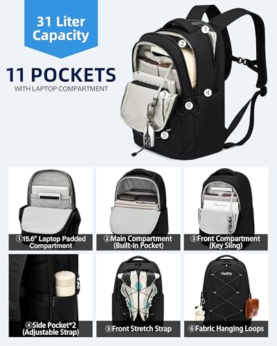HanTrip 18 Inch Carry on Travel Backpack with Water Bottle Pocket, Black - color: Black-2
