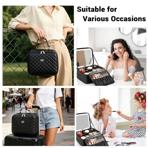 Travel Makeup Bag with LED Mirror, Travel Makeup Organizer，Three-level Adjustable Brightness, Makeup Bag with Removable Lighted Mirror, Adjustable Dividers and Brush Storage Board
