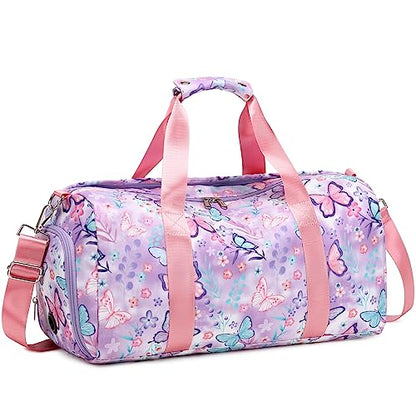 Dance Bag Girls Gymnastics Duffle with Shoe Compartment, Kids Travel Weekender Sleepover Carry On Bag (Butterfly Purple) - color: 09-Butterfly Purple