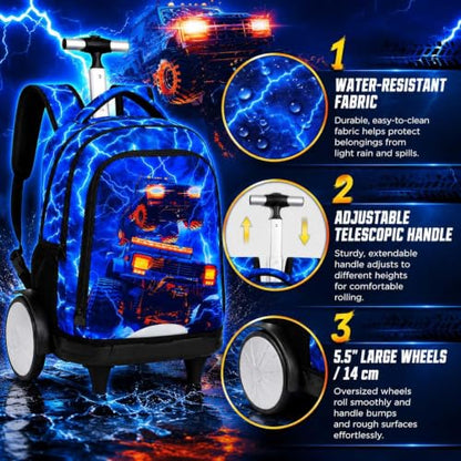 20 Inches Large Wheels Rolling Backpack for Boys with Detachable, 3Pcs Kids Lightning Truck Wheeled Backpack Set for Elementary School (Blue) - color: Lightning Dual-cab Truck (Large Wheels)