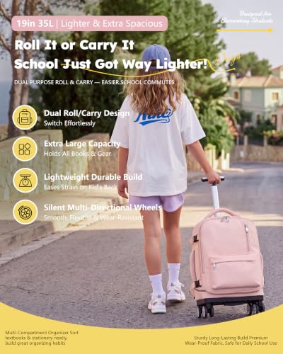 NEW TILAMI 19 Inch Rolling Backpack 4 Spinner Wheels for School, Pink - color: Pink