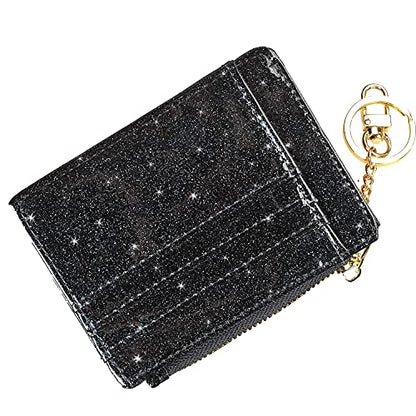 woogwin Slim RFID Credit Card Holder for Women Mini Front Pocket Wallet Purse With Keychain - color: Glitter Black