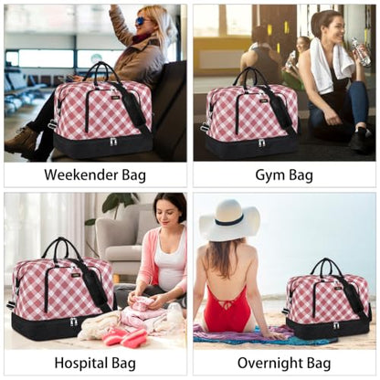 TIBES Travel Weekender Bag for Women, Overnight Bag with Shoe Compartment - color: W-Red Plaid