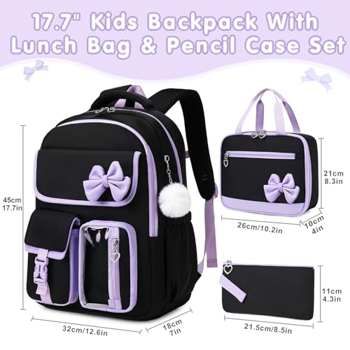GeeWin Girls Backpack for School Cute Bow with Lunch Box & Pencil Case Set - color: Black Purple