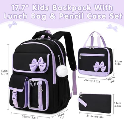 GeeWin Girls Backpack for School Cute Bow with Lunch Box & Pencil Case Set - color: Black Purple