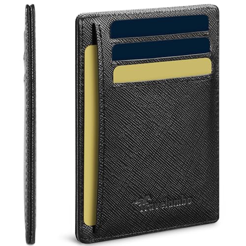 Travelambo 100% Genuine Leather Wallet for Men and Women, Slim Minimalist RFID Blocking Front Pocket Credit Card Holder with Gift Box(Cross Black) - color: Cross Black