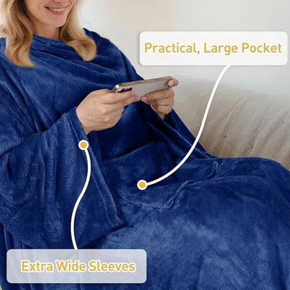 Catalonia Wearable Blanket with Sleeves & Foot Pocket for Adults - color: Navy, size: Fleece