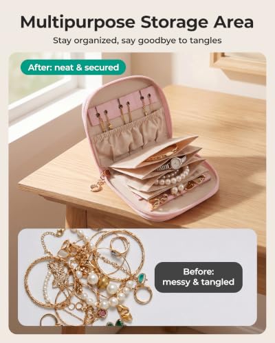 BAGSMART Travel Jewelry Case, Leather Zip for Rings Necklaces - color: 2-Light Beige, size: Small