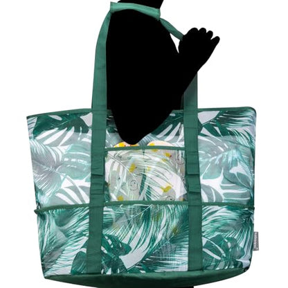 KABAQOO Mesh Beach Bag, Extra Large Beach Bags with 9 Pockets & Zipper Waterproof Lightweight Beach Tote for Beach/Pool Trip - color: Coconut Tree, size: X-Large