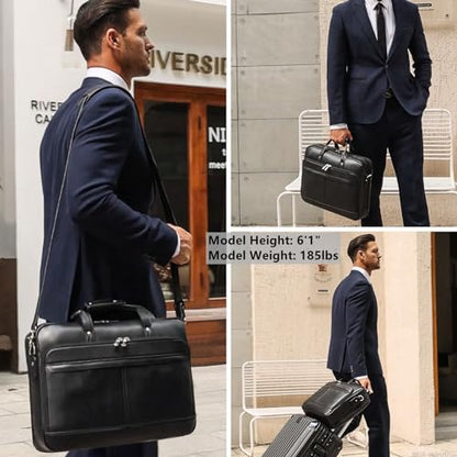 Masa Kawa Leather Briefcase for Men 15.6" 17" Laptop Business Messenger Bag - color: Black - Fits 15.6 Inch Laptop