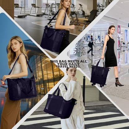 Travel Rolling Duffel Bag with Removable Wheels,Expandable Foldable Carry-On Luggage for Trip or Hospitalization - color: Navy Blue