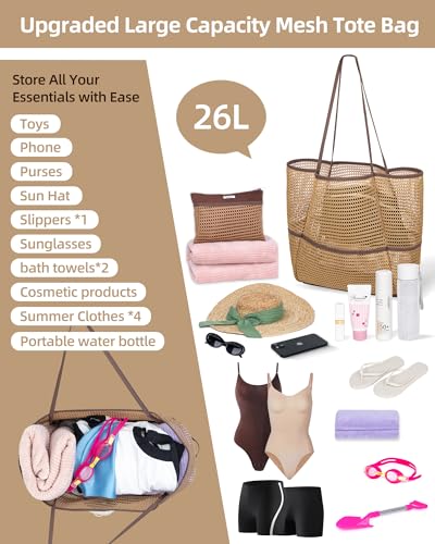 Mesh Beach Tote Bag for Women, 2-in-1 Large Lightweight Foldable Design - color: Khaki