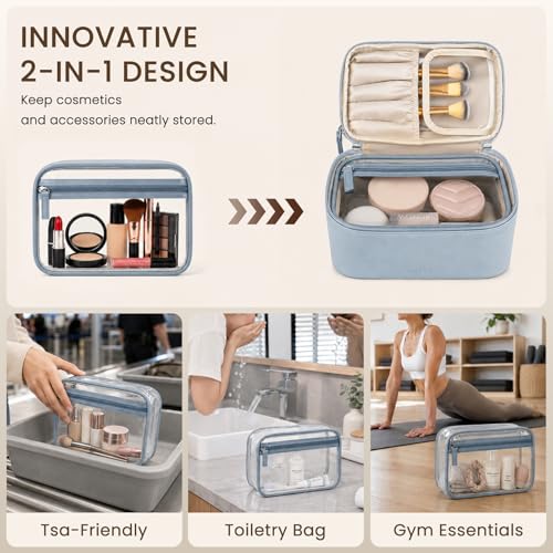 Prite 2 Pcs Makeup Bag Set Travel Cosmetic Case with Clear Toiletry Bag - color: Blue