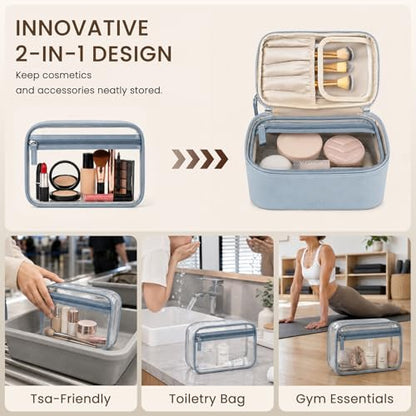 Prite 2 Pcs Makeup Bag Set Travel Cosmetic Case with Clear Toiletry Bag - color: Blue