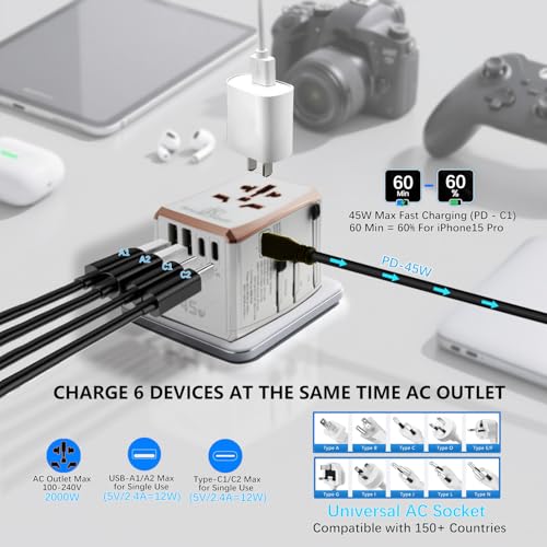 Universal Travel Adapter 45W with 5 Ports (3 USB-C, 2 USB-A) Worldwide Charger for USA, Europe, UK, Australia, Asia & 150+ Countries International Power Plug - color: White 45W