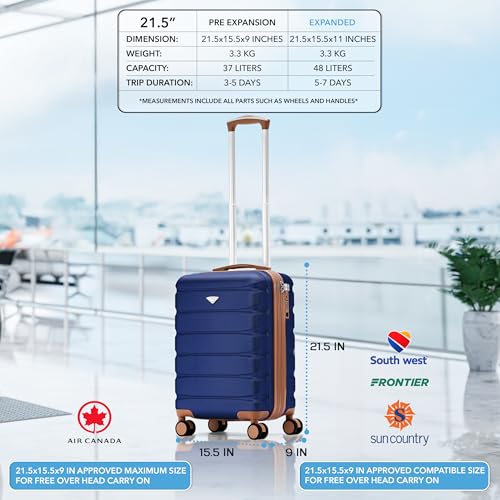 Flight Knight 21.5x15.5x9 Expandable Carry On Suitcase Hardside TSA Lock & USB C Port Lightweight Luggage Silent Double Spinner Wheels Maximum Canada Air Overhead Bag Airlines Approved Navy/Tan - color: Navy/Tan, size: 21.5x15.5x9"