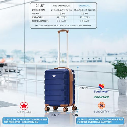 Flight Knight 21.5x15.5x9 Expandable Carry On Suitcase Hardside TSA Lock & USB C Port Lightweight Luggage Silent Double Spinner Wheels Maximum Canada Air Overhead Bag Airlines Approved Navy/Tan - color: Navy/Tan, size: 21.5x15.5x9"