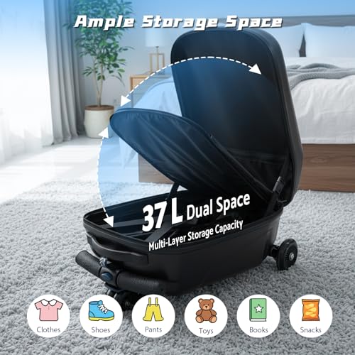 Scooter Suitcase for Kids Ages 8-12& Adult Foldable 2 in 1 Ride on Carry on Travel Hardshell Trolley Scooter Luggage With Wheels 20" - color: Black