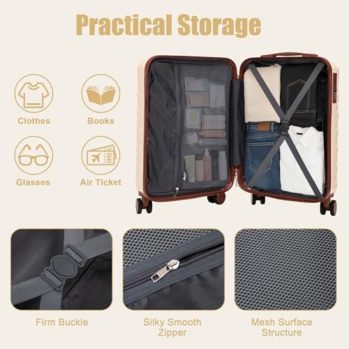 20 Inch ABS Hard Shell Travel Checked Luggage With Combination Lock, Beige - color: Beige, size: 20 Inch