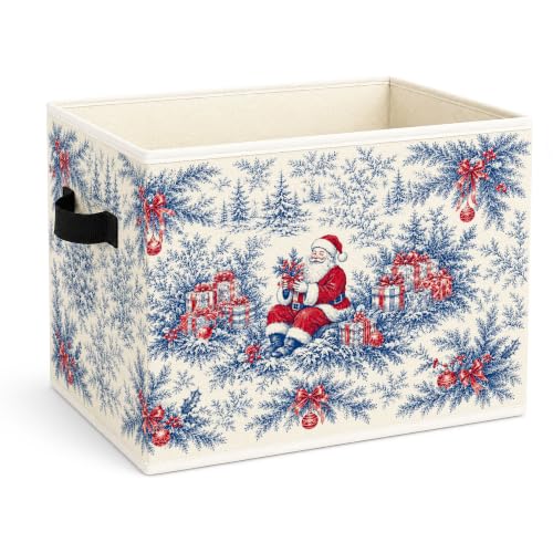 Blue Santa Toile Storage Bin, Christmas Organizer - color: Blue Santa Christmas