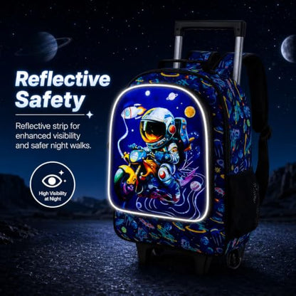 3PCS Rolling Backpack for Girls Boys, Kids Roller Wheeled Bookbag with Lunch Box, Backpacks with Wheels for Elementary - color: Astronaut Blue