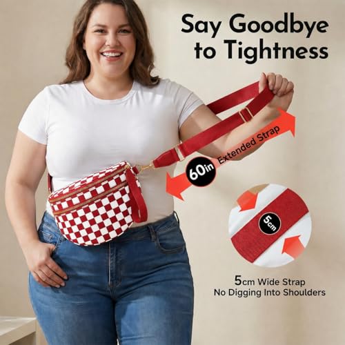 Checkerboard Crossbody Bag for Women, Expandable Plaid Belt Bag Nylon Fanny Pack with Multiple Pockets - color: Red Checkered