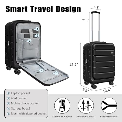 KEYTANG SmileLine 20 inch Carry-On, Lightweight Hardside Suitcase, Expandable Small Suitcase with Front Pocket, Black - color: Black, size: 666-Carry-on