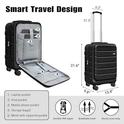 KEYTANG SmileLine 20 inch Carry-On, Lightweight Hardside Suitcase, Expandable Small Suitcase with Front Pocket, Black - color: Black, size: 666-Carry-on