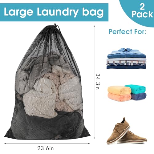 2 Pack Mesh Laundry Bags 23x34 Inch Drawstring Locking for Travel Home - color: Black