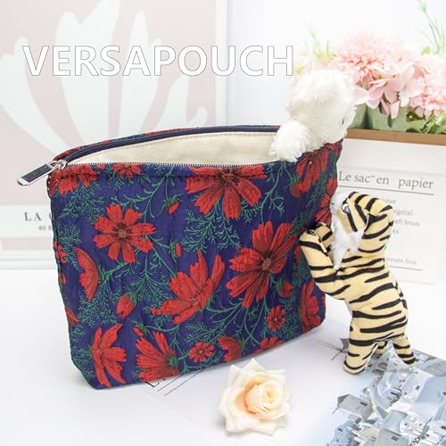 Flat Makeup Bag for Women,Zipper Cosmetic Pouch for Purse,Brocade Navy Blue - color: Brocade Navy Blue