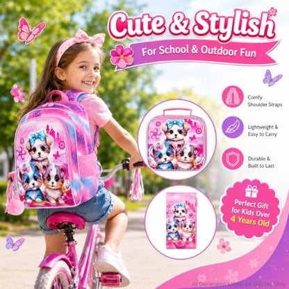 gxtvo 3PCS Girls Dog Bookbag, 16" Kids Backpackwith Lunch Box, Water Resistant School Bag for Elementary Preschool Toddler - color: Uv Printing Dog Backpack