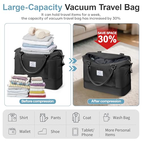 Weekender Bags for Women, Personal Item Travel Bag with Shoes Compartment - color: A-Black with Air Pump, size: Large