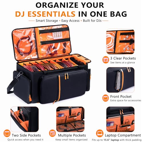 DJ Cable Bag, Large DJ Equipment Bag with Laptop Compartment and Dividers - color: Orange, size: W/No Wheels