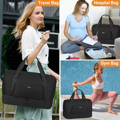 TIBES Travel Weekender Bag for Women, Overnight Bag with Shoe Compartment | 3PCS Large Travel Duffel Bag for Gym, Travel, Hospital, Business Trip, Carry On Tote, Wet & Dry Separation, Water Resistant - color: R-Black