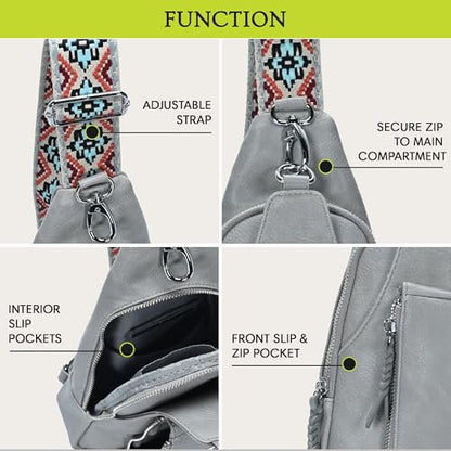 MMS Brands Antik Kraft Tasha Webbing Strap Sling | Vegan Leather Crossbody Sling Bag for Women with 16-20" Strap | - color: Grey
