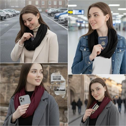 elzama Infinity Loop Solid Color Scarf With Hidden Zipper Pocket For Women - Lightweight Travel Neck Wrap - color: 10-camel