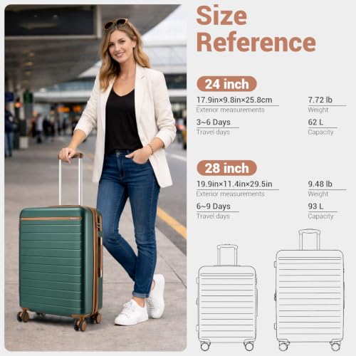 Kono Large Suitcase 28in Expandable ABS+PC 8pcs Silent Wheels Green | Long Trips Impact-Resistant Extra Large Space, Perfect For Bringing Small Gifts To Family Members - color: Green, size: Checked-Large 28-Inch