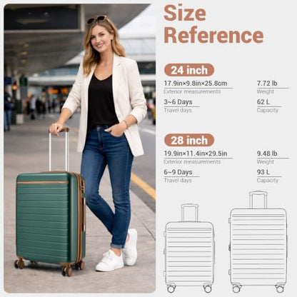 Kono Large Suitcase 28in Expandable ABS+PC 8pcs Silent Wheels Green - color: Green, size: Checked-Large 28-Inch