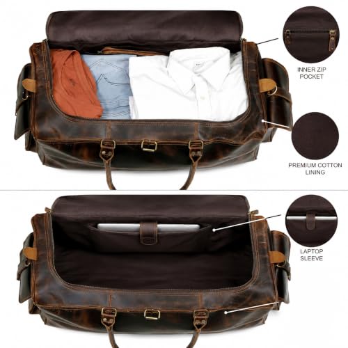 Cuero Full Grain Leather Duffle Bag for Men, Buffalo Overnight Weekend Travel Bag, Carry On with Organized Pockets, YKK Zippers, Adjustable Strap (Choclate Brown) - color: Choclate Brown