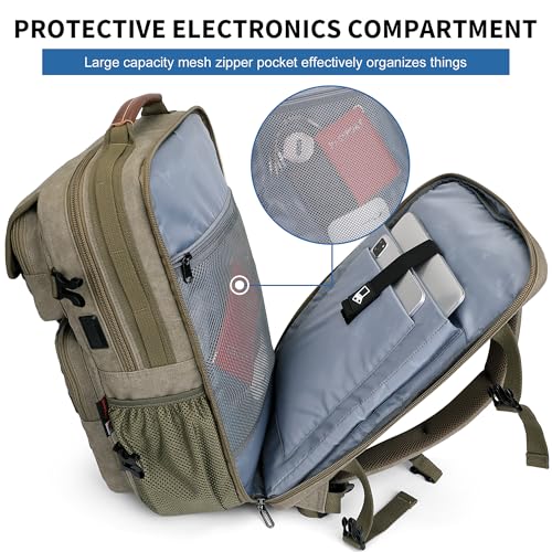 WITZMAN Canvas Travel Backpack for Men Large Laptop Backpack Fits 16 Inch - color: Army Green